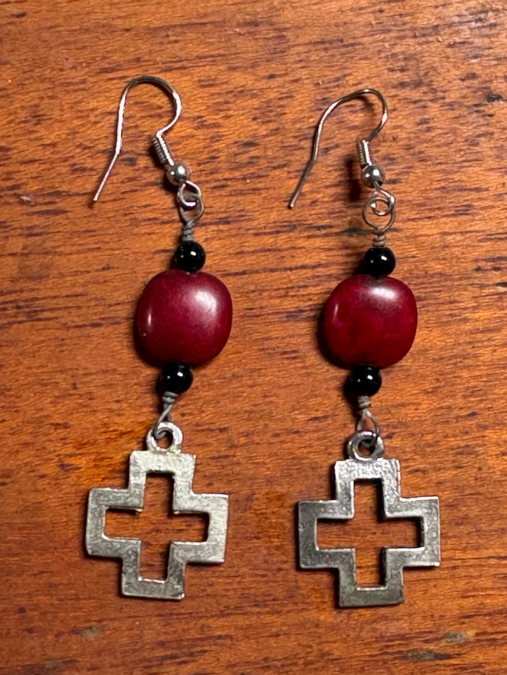 Red Bead Cross Drop Earrings - Women Jewelry